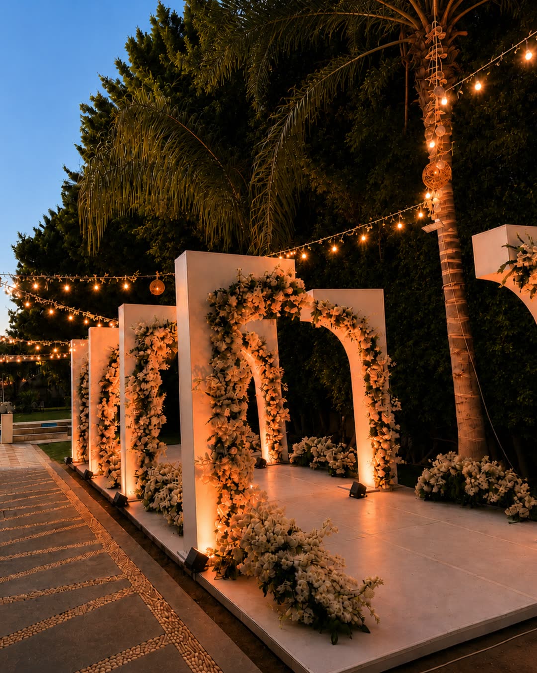 Floral arches lit at night