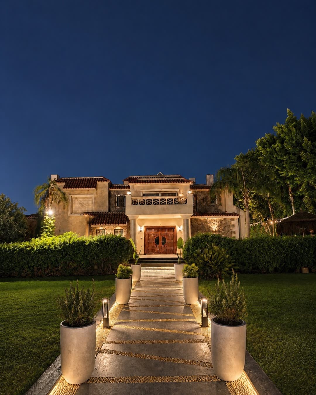 Front lawn of the villa at night